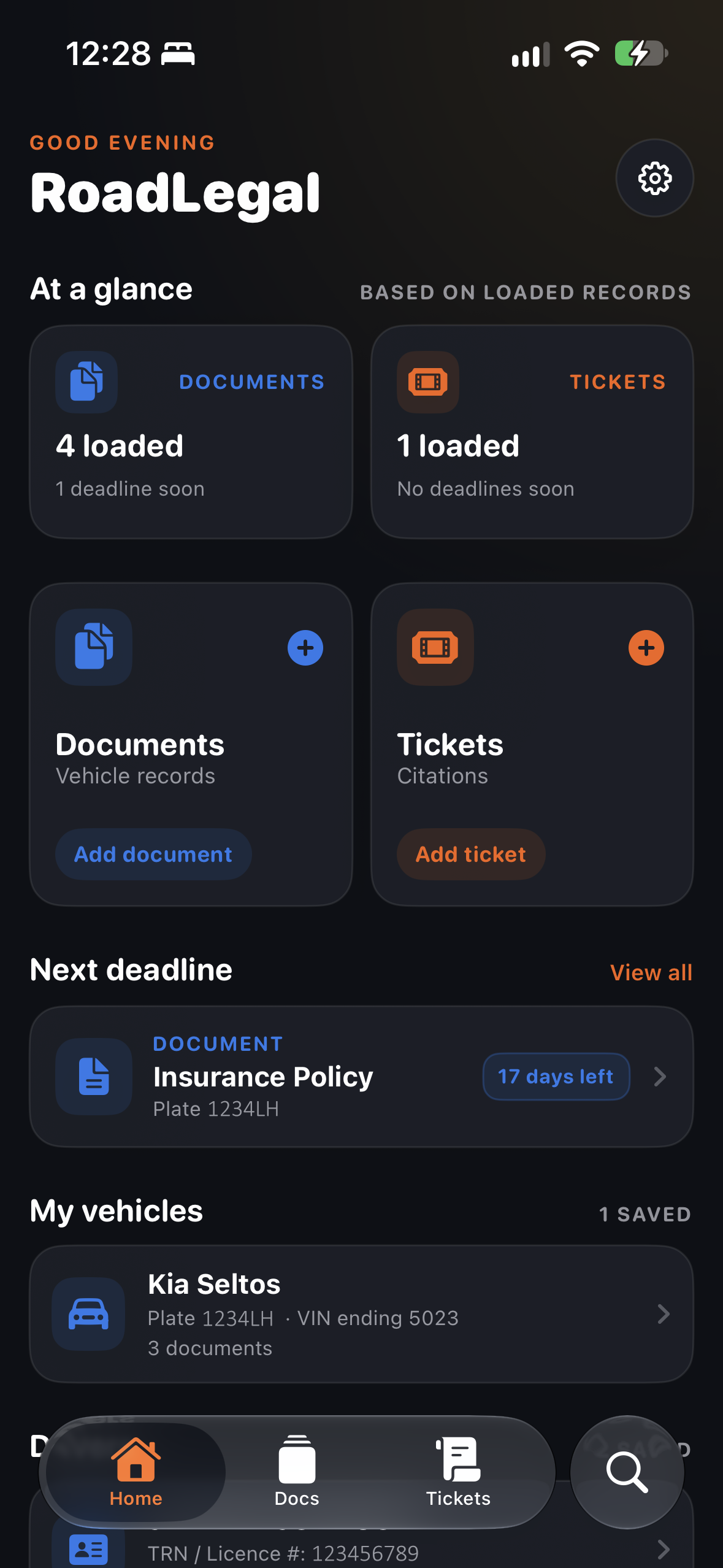 RoadLegal dashboard showing documents, tickets, the next deadline, and a saved Kia Seltos