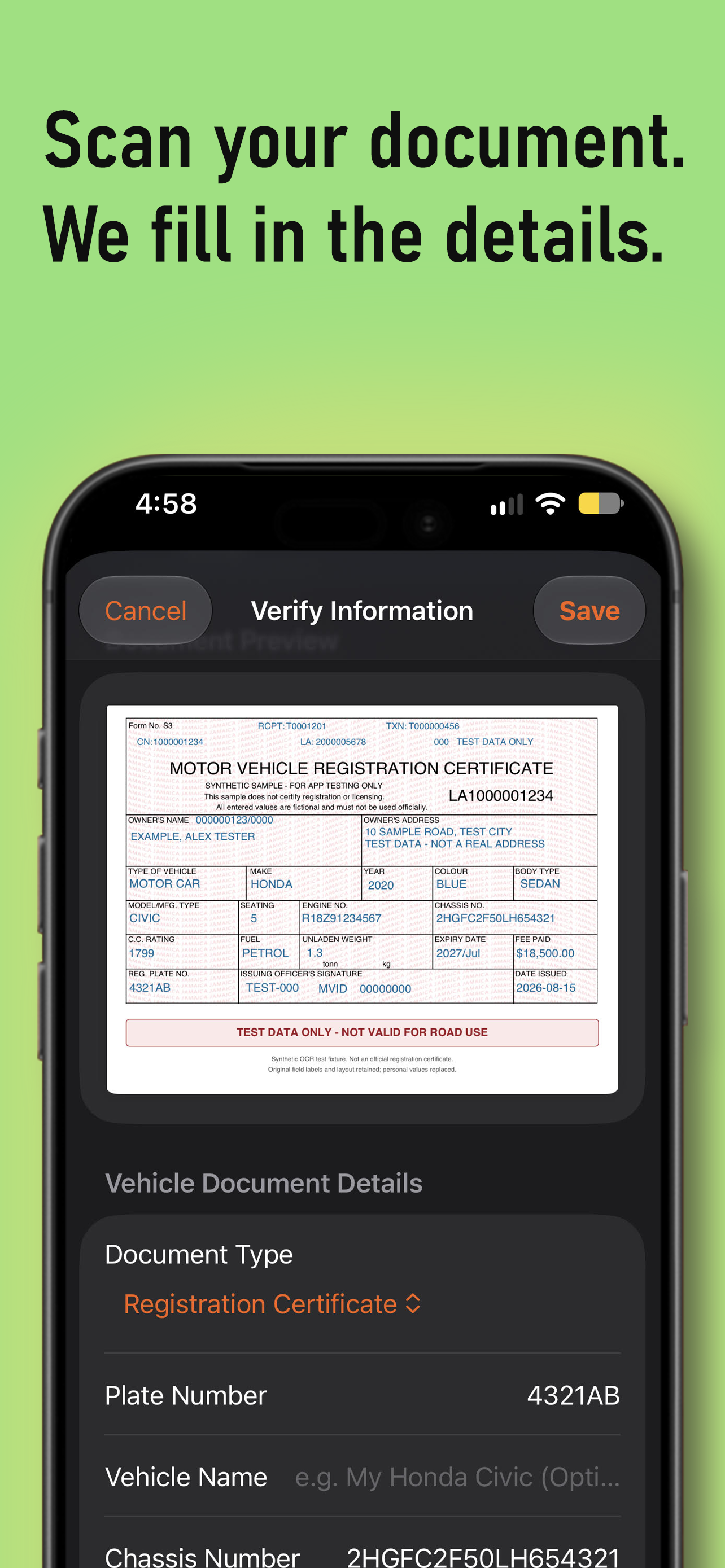 Scan a registration document and review autofilled details