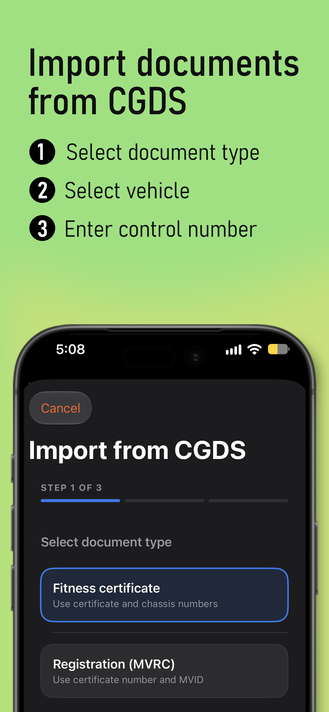 Choose a document and vehicle to import from CGDS