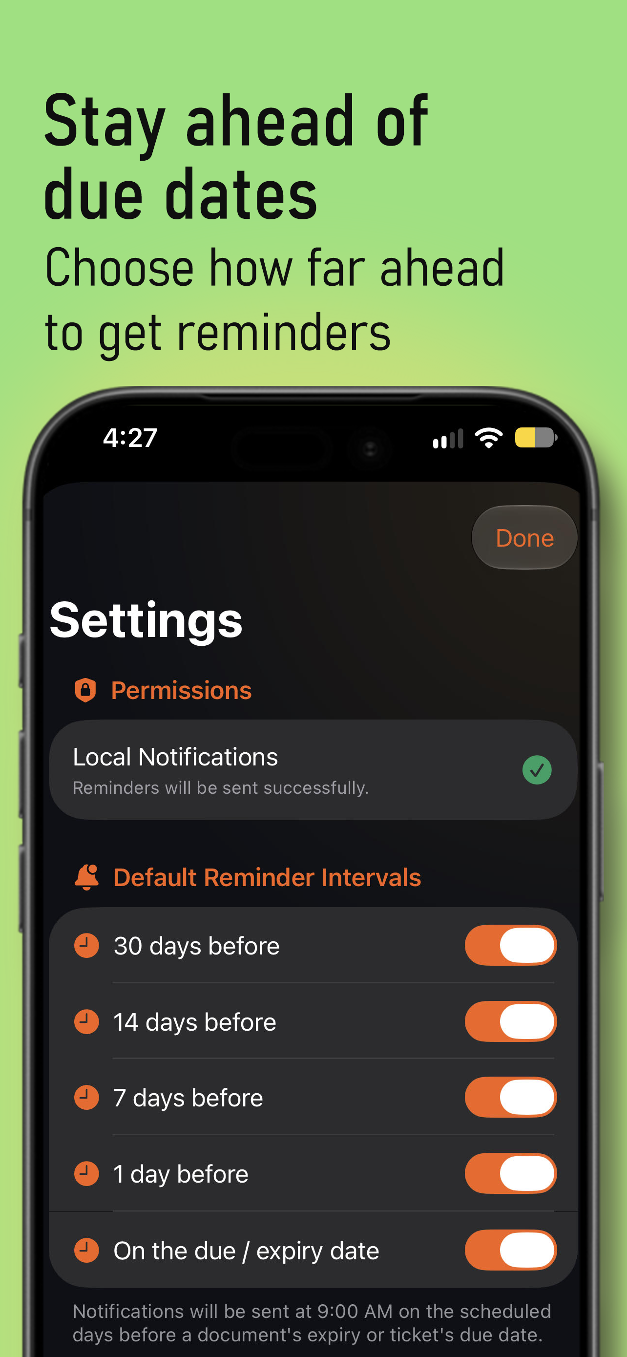Choose when to receive due-date and expiry reminders