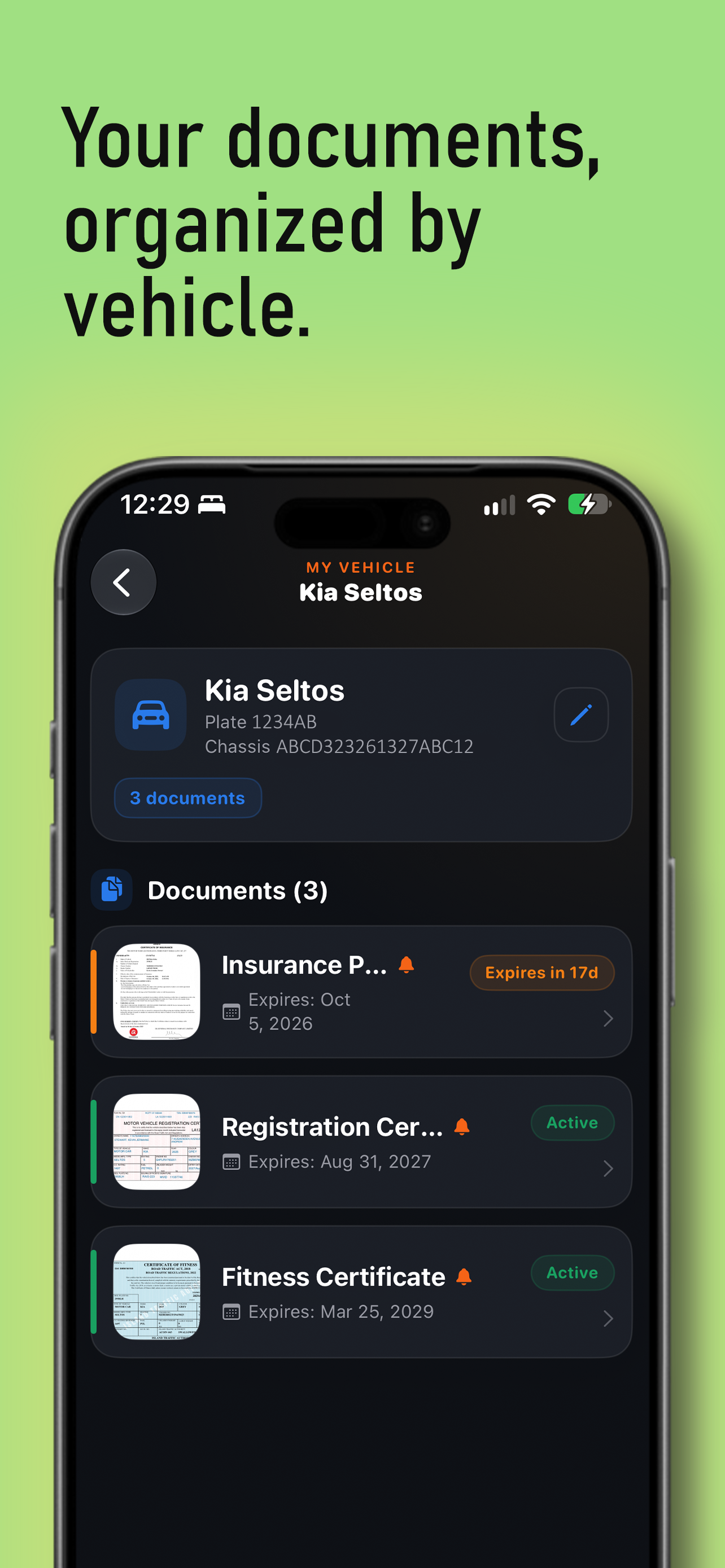 Vehicle documents with active and expiring statuses