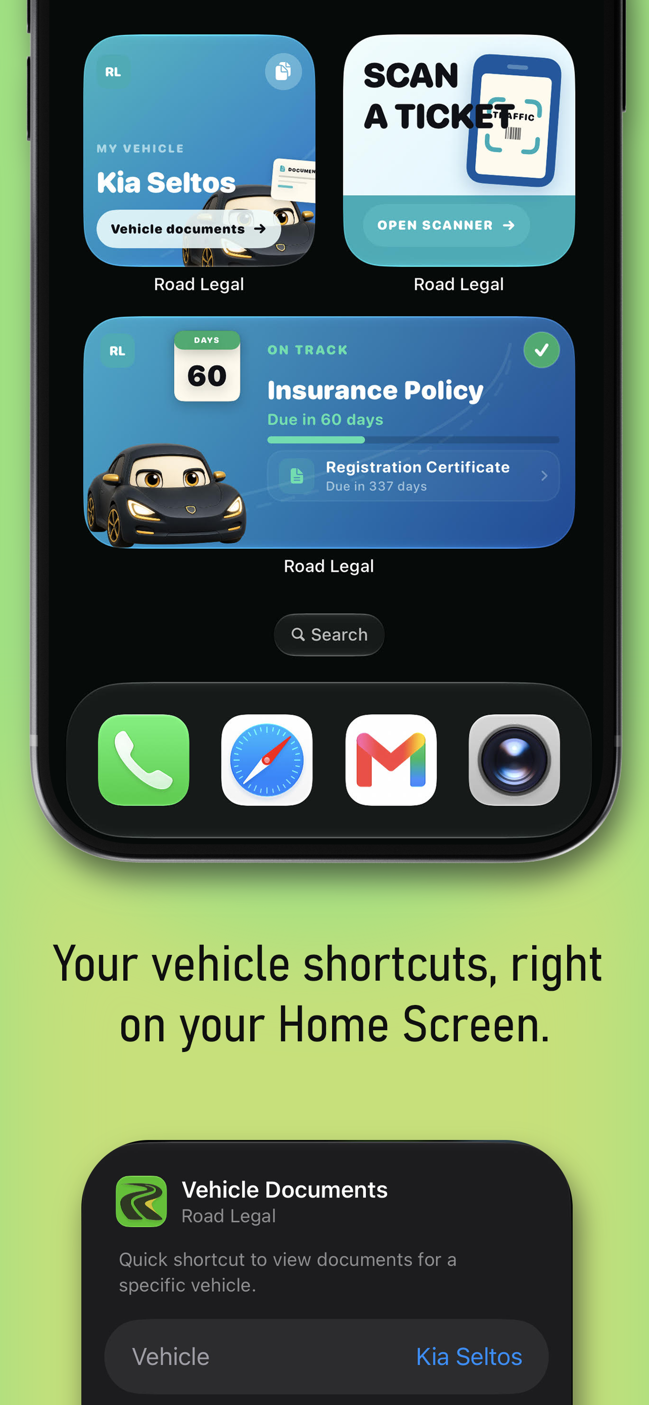 RoadLegal widgets and vehicle document shortcuts